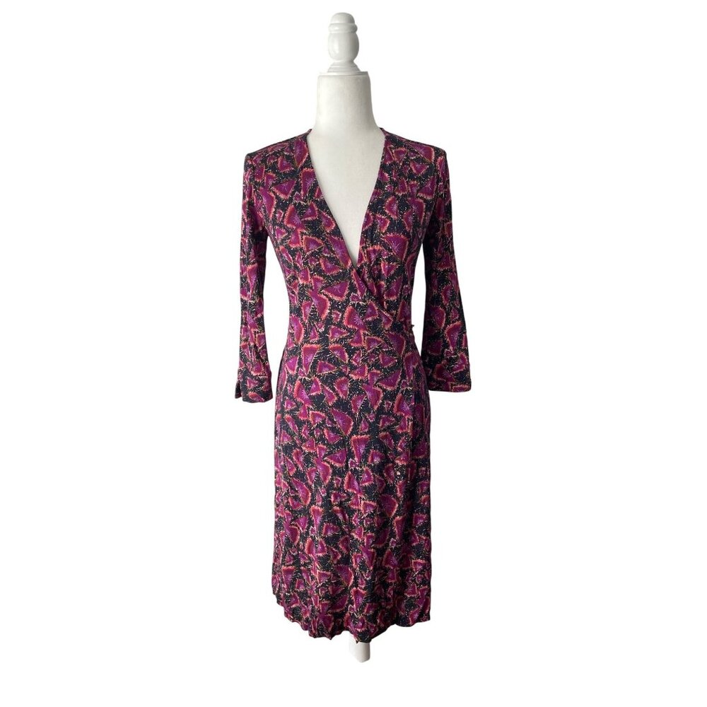 Diane Von Furstenberg Silk Wrap Dress Black & Pink Geometric Size 6 Midi